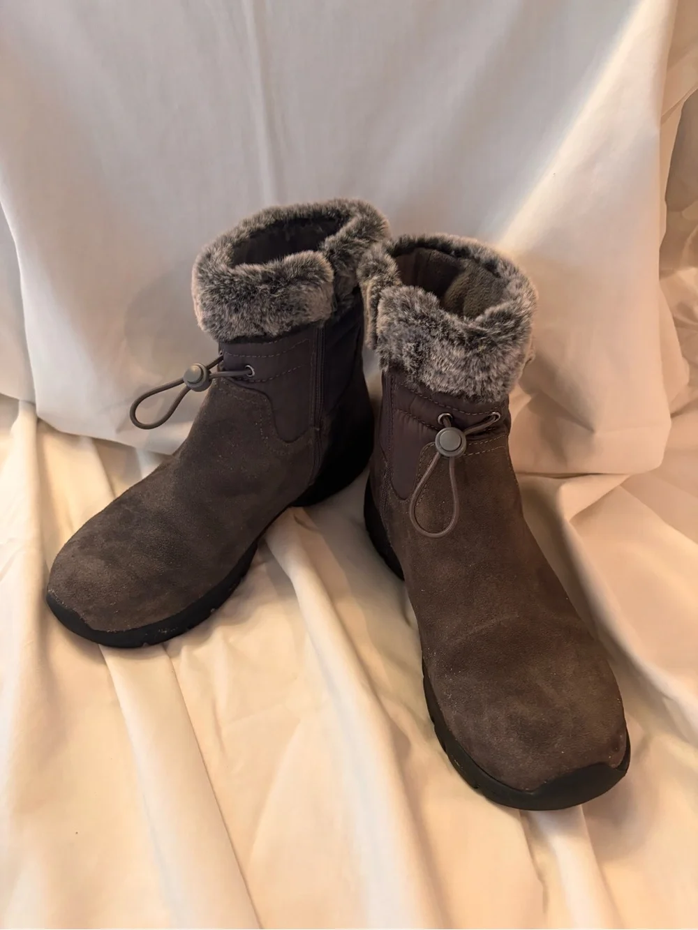 Lands' End Women's Gray Suede Faux-Fur Cuff Ankle Snow Boots